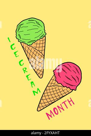 Mese del gelato. Concetto di vacanza. Modello per sfondo, banner, cartoncino, poster con iscrizione di testo. Immagine vettoriale colorata su sfondo giallo Illustrazione Vettoriale