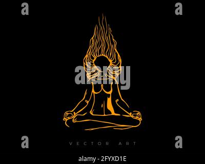 Illustrazione vettoriale di una ragazza che siede in una posa di loto e medita. L'immagine di una ragazza che fa yoga. Arte moderna della parete, poster o copertine Illustrazione Vettoriale
