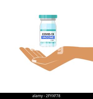 Vaccino del coronavirus in una mano. Concetto di protezione antivirus. Vaccinazione SARS o Covid-19 con flacone di vaccino. Tempo di vaccinare. Illustra vettore isolato Illustrazione Vettoriale