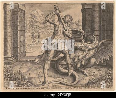 Ercole ruba le mele dorate degli Hesperides; lavorando da Ercole. Ercole ruba le mele dorate dal giardino del Hesperiden. Con i suoi nodi batte il serpente ladon che custodisce l'ingresso al giardino. Sullo sfondo può vedere come raccoglie le mele dall'albero. Foto Stock