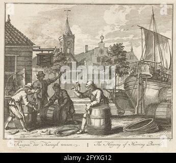 Vasche di aringhe tonnellate, ca. 1725; Kuypen der Haringh tons / The Hooping o Herring Barrils; Groote Vissery. Vasche da bagno destinate all'aringa pescata, ca. 1725. Parte della serie sulle catture di aringhe. Stampato sullo stesso foglio del n. 2. Foto Stock