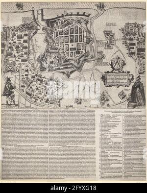 Assedio da Ostenda, 1601-1602; Urbis Munitissimae, Oostendae, AB Archivuce Austriae Alberto (...). Assedio da Ostenda attraverso le truppe spagnole sotto Albrecht negli anni, 161-1602. Mappa della città con le difese. In cima al mare. In basso a sinistra e a destra Albrecht e Isabella. Sulla destra una cartouche con il titolo latino e lo stemma della città. In fondo alle stampe, una descrizione stampata separata dei condimenti è stata fissata all'8 gennaio 1602 in 2 colonne, con le legendas 1-56 e A-T in tedesco. Foto Stock