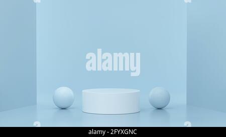 Podio mockup e bolle per l'esposizione di prodotti su sfondo blu studio. rendering 3d. Foto Stock