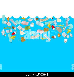 Immondizia in oceano. Inquinamento ambientale dei corpi idrici, problema della plastica negli oceani del mondo. Illustrazione Vettoriale