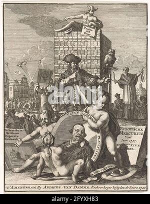 Pagina del titolo dell'Europisch Mercury del 1720. Pagina del titolo per Mercurio europeo, DL. XXXI nel 1720. In primo piano un ritratto del cardinale Giulio Alberone. La beffa di questo ritratto si riferisce alla caduta e all'esilio del cardinale spagnolo nel dicembre 1719. Sullo sfondo Mercurio sedette su un'enorme pila di carta. Foto Stock