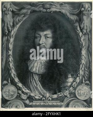 Ritratto di Luigi XIV Ritratto di Luigi XIV, re di Francia, i capelli lunghi alle spalle. In corona ovale alloro come una cornice, che è su una pelle di leone come un tendone. Sinistra e in basso a destra UN motto in cerchio: Sinistra: Intrescunt Obice Vires: Un fuoco è creato dal riflesso del sole in una lente di ingrandimento; destra: Somnium Abrupissedolebit: Ercole riposante. Foto Stock