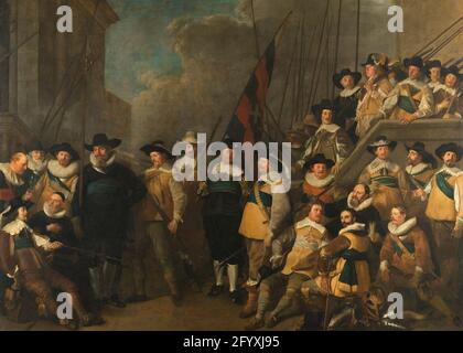 Ufficiali e altri rappresentanti del V distretto di Amsterdam guidati dal Capitano Cornelis de Graeff e dal tenente Hendrick Lauwrensz (Arquebusiers' Civic Guard Company); dalla Compagnia della Guardia Civica Arquebusiers del Capitano Cornelis de Graeff e dal tenente Hendrick Lauwrensz, Amsterdam, 1642. Schutterspiece con gli ufficiali e gli uomini della compagnie Kopsiers dal Capitano Cornelis de Guff e dal tenente Hendrick Lauwrensz, Amsterdam, 1642. Ritratto di gruppo dei tiratori dei tiratori dei tiratori dei tiratori dei tiratori Kloveniers. Portessed sono anche più avanti: Joachim Jansz Scheepmaker (Vandr Foto Stock