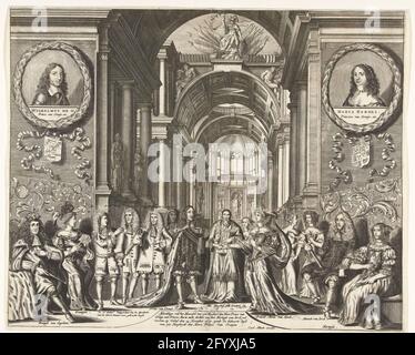 Matrimonio del Principe Willem III con Maria Stuart, 1677; immagine della Hougelky di SYN Hoogheyt den Heere il Principe van Oranje con i principi Maria Ouste figlia dell'Hartogh di Jorck Voltrocks a partire da den 14 novembre 1677, la nascita di dagh di SYN Heogheydt il Signore Principe di Oranjen. Il matrimonio del Principe Willem III con Maria II Stuart a Whitehall a Londra, 14 novembre 1677. Protezione della cerimonia attraverso il vescovo di Londra. Lega Karel II Re d'Inghilterra con la Regina, destra Jacobus II, il Duca di York con la Duchessa. In cima ai medaglioni ritratti dei genitori del Principe: Volontà Foto Stock