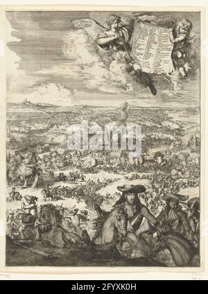 Battaglia di St. Denis (metà destra), 1678; Bataille St. Denis. Pres de Mons 4/14 Aoust 1678 .. Grande rappresentazione della Battaglia di St. Denis il 14 agosto 1678, su due fogli, foglie di destra. Vista del campo di battaglia, in basso a destra del duca di villahermosa. In aria, fame soffiando sta volando sulla sua tromba, in mano una cartouche con la leggenda 1-58 e A-Z in francese. Foto Stock