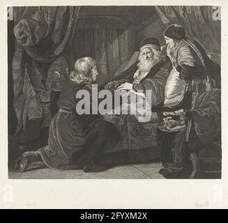 Izaak Zegent Giacobbe. Isaak è a letto e benedetto Giacobbe. Giacobbe si inginocchia davanti al letto e mette le mani nelle mani di Isaak. Oltre al letto, Rebekka sta spingendo i cuscini in Sansac. Un uomo con un personale può essere visto attraverso uno scorcio nella sala (forse Esau che sta andando a caccia di Isaac?). Foto Stock
