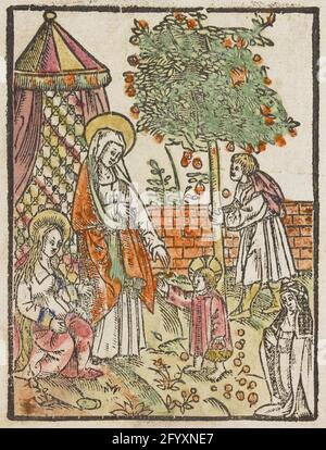 La Santa famiglia nel giardino. Maria con la Santa Anna e Giuseppe in un giardino murato. A sinistra per una tenda si inginocchia Maria e accanto al suo stato Anna. Il bambino di Cristo al centro indossa un cesto di mele nella sua mano sinistra e cammina verso le donne. Nella parte posteriore, Jozef sta scuotendo le mele da un albero. In basso a sinistra è un non dall'ordine Brigitten. Foto Stock