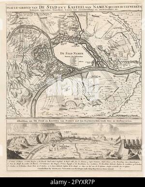 Assedio di nomi, 1695; terreno pianeggiante della città e 't Castello di nomi con SYN Buytewerken, Batteryen, Approches, TRANCHEES, LINIEN DI CIRCUMALATION E STUCTALLATION ECC .. Assedio di nomi da parte degli Alleati sotto il re Willem III, dal 3 luglio 1695. Foglia di cui l'idea e il titolo di tre lastre sono stampati. Al centro un piano di nomi e la vicinanza immediata con le posizioni delle truppe. Sotto una vista della città dalle posizioni dei biestermares. Nuove posizioni e linee sono state aggiunte alla presentazione di questa stampa. Copia senza testi di accompagnamento. Foto Stock