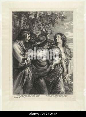 Trionfo di Sileno. Il Sileno ubriaco con i climi è sostenuto da una ninfa e un uomo sul suo corpo. Dietro di lui un bevente sater e un uomo oscuro che porta la ninfa con un gesto lustro. Sotto la mostra è un verso in latino. Foto Stock