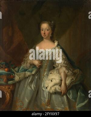 Ritratto di Anna o Hannover, Principessa reale e Principessa d'Orange, consorte o principe Guglielmo IV Ritratto di Anna van Hanover (1709-59), moglie del principe Willem IV LAVORATO CON UN PESANTE PANNO MELIUTEL CON UNA PREOCCUPAZIONE KROLERED. Collega un tavolo su cui una corona è su un cuscino. Foto Stock