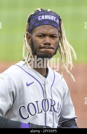 Pittsburgh, Stati Uniti. 30 maggio 2021. Colorado Rockies ha lasciato il fielder Raimel Tapia (15) tra gli inning contro Pittsburgh Pirates al PNC Park domenica 30 maggio 2021 a Pittsburgh. Foto di Archie Carpenter/UPI Credit: UPI/Alamy Live News Foto Stock