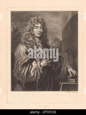 Ritratto di Christiaan Huygens. Ritratto del matematico, fisico e astronomo olandese Christiaan Huygens (1629-1695), metà raffigurata con la mano sinistra su due libri su un tavolo. Foto Stock