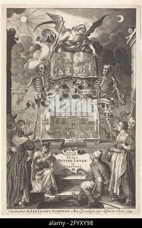 La gente della città e gli agricoltori guardano due scheletri e un angelo con il libro aperto dall'esecuzione dell'ultimo giudizio; pagina del titolo per: Jacob Cats, Buyten Leven Op Zorgvliet, Amsterdam 1659; Buyten vive su Zorgvliet. La gente di città e gli agricoltori guardano due scheletri e angelo con libro aperto all'esecuzione dell'ultimo giudizio. Con il giudizio finale, si consiglia loro di vivere virtuosi. Sullo sfondo un paesaggio con una grande casa dove la gente della città è intrattenuta fuori città facilmente e virtuosa, il soggetto degli ospiti in edizione. Su un banderolo agli scheletri c'è un testo di Ebrei 9:2 Foto Stock