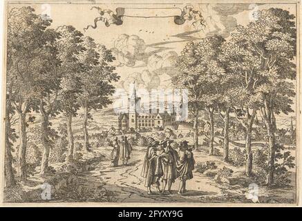 Escursionisti e un castello. Tre uomini si trovano ancora tra due file di alberi; uno guarda su un documento, l'altro in direzione della città e il castello sullo sfondo. Un uomo e una donna si trovano un po' più in là sul cammino. In aria un banderolo senza testo. Foto Stock