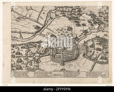 Siege Van Haarlem, 1572; Serie 6: Eventi olandesi, 1571-1576. Mappa della città di Haarlem e della zona circostante con i luoghi dell'esercito dell'assedio truppe spagnole di Don Frederik. Sopra le navi Alva e il Principe d'Orange sulle acque dell'Haarlemmermeer. L'assedio il 11 dicembre 1572. Con didascalia di 16 regole in tedesco. Numerato: 10. Foto Stock