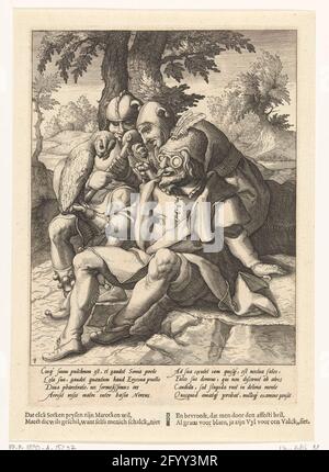 Ognuno crede che il suo gufo sia un falco; Proverbi a Karel van Mander. Un uomo si siede sul pavimento e guarda attraverso i suoi occhiali al gufo sulla sua mano (e pensa di vedere un falco). Dietro di lui due narren con un marot (narrestaph) in mano. L'immagine proverbo il pensiero fuori che tutti pensano di avere il meglio o essere. Sotto la mostra un latino esplicativo fresco da Franco Estius e un testo olandese in letterpress. Foto Stock