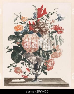 Cinque stampe di fiori in vasi di vetro. Johannes Teyler di Nijmegen fu educato come filosofo e matematico, ma lavorò anche più tardi come ingegnere militare. Ha inventato un metodo per la stampa di impressioni a colori, per il quale ha ricevuto un brevetto nel 1688. I colori dovevano essere applicati manualmente alla piastra di rame per ogni singola impronta. Poiché questo era molto lavoro intenso, il suo processo di stampa a colori trovato poco seguente. Foto Stock