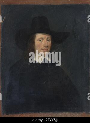 Ritratto di un uomo. Ritratto di un uomo. Busto a destra con un grande cappello nero, dipinto nella trant di Gerard ter Borch. Foto Stock