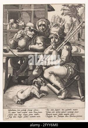 Il cornamusa non dà alcun suono, quindi se è pieno; il bevitore e il giocatore di cornamusa; Proverbi a Karel van Mander. Un giocatore di cornamusa e un ubriaco seduto insieme al tavolo. Una donna con le mani è abolita dietro il tavolo. Il giocatore di cornamusa è seduto su una sedia chiusa, accanto a lui è un cane. Sotto la mostra un latino esplicativo fresco da Franco Estius. Foto Stock