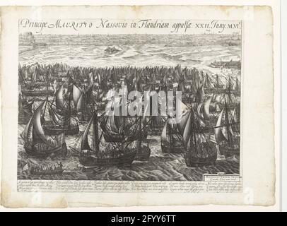 La flotta che atterra a Philippine (pagina a destra), 1600; Ectyoma Classis BIS Mille OctingenTarum Navium Dorpe Illustrissimo principio Mauritio Nassovio in Flandriam Appulsae. XXII. JUNY. M.vi.c .. La flotta che atterra a Filippine. Maurits flotta statale per Filippine dove gli uomini sono presi a bordo, 22 giugno 1600. Tour di Ostenda dell'Esercito di Stato, 19-27 giugno 1600. In basso a destra di una cartouche con i nomi dell'inventore e dell'editore. Con didascalia di 6 versi di 3 righe in latino ciascuno. Metà destra di uno spettacolo su 2 fogli. Foto Stock