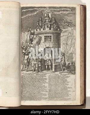 Le parti stanno combattendo Castiglia, 1706; Castilien Reformed / Castille Reformée; 16. L'oro, o castilien riformato; Bycup al Koninglyke Almanach, chiamato il Gulde-anno degli Alleati, 1706 / 't Lusthof da Momus. Cartone sulle parti che combattono contro Castiglia, 1706. In cima ad un castello si trovano il Keurvorst di Baviera e Luigi XIV Altri cercano di salire sulla torre. Nei versetti di targa in olandese e francese. Foglia n. 16 (numerato in alto a destra) nella serie di 25 lame dal titolo: Bycup al Koninglyke Almanach, chiamato il Gulden-Year of Allies, 1706. Parte dell'opera stampata è pubblicata sotto il titolo Th Foto Stock