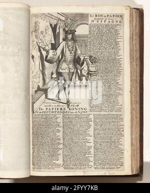 Philip v voli dalla corte spagnola, 1706; il re della carta o il HG in fuga. Van Anjou / le Roy De Papier, Quittant la Cour d'Espagne; 17. NYD del re della carta di Spagna; Bycup al Koninglyke Almanach, chiamato il Gulde-anno degli Alleati, 1706 / 't Lusthof da Momus. Filippo V, Duca d'Angiò, Re di Spagna solo su carta, volo dal Palazzo reale spagnolo con l'incoronazione della corona, 1706. Distrugge un arazzo con il pugnale. Nei versetti di targa in olandese e francese. Foglia n° 17 (numerata in alto a destra) nella serie di 25 lame dal titolo: Bycess al Koninglyke Almanach, chiamato t Foto Stock