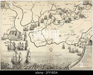 Mappa della bocca del Tamigi con il viaggio a Chatham, 1667. Mappa della foce del Tamigi su cui il viaggio a Chatham è indicato dalle navi della flotta statale sotto Admiraal de Ruyter, 20-23 giugno 1667. Lasciò la battaglia intorno a Sheerness , sopra le navi olandesi sul fiume Medway. In basso a destra un leone su un piedistallo su cui la leggenda A-V. Foto Stock