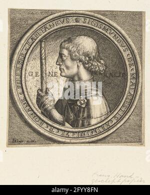 Ritratto di Sigismondo Malatesta; quattro ritratti a gettoni italiani del Rinascimento. Busto di Sigismondo Malatesta (Brescia, 1417 - Rimini, 7 ottobre 1468), visto a sinistra, vestito di imbragatura e con posti di comando a sinistra, in cornice rotonda con nome in periferico. Malatesta è stato il sig. Van Rimini (1432-1468), vicario pontificio e anche filosofo e mecenas. Questa stampa fa parte di una serie di quattro ritratti a gettoni italiani del Rinascimento. Foto Stock