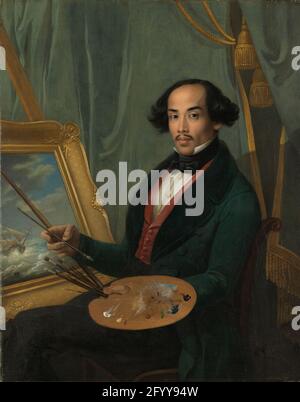 Ritratto di Raden Syarif Bustaman Saleh. Raden Saleh, scione di una famiglia reggente giavanese, venne in Olanda nel 1829 per studiare la pittura. Qui lo vediamo ancora come un andy europeo prima di un condimento occidentale. Tuttavia, si specializzò presto in scene orientali, e cominciò a vestirsi come un principe giavanese. Tornato su Giava (1851), Raden Saleh costruì un piccolo palazzo neogotico, dove ricevette l'élite europea. E così si spostò costantemente tra la sua identità giavanese e quella iseuropea. Foto Stock