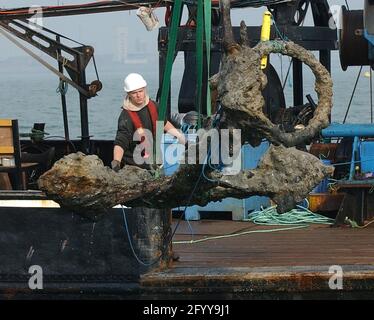 L'ANCORA DELLA ROSA DI MARIA È RECUPERATA DAL FONDALE DEL MARE AL LARGO DI PORTSMOUTH PIC MIKE WALKER, 2005 Foto Stock