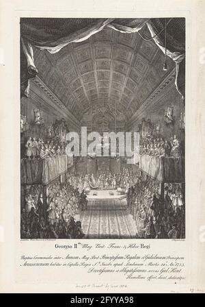 Matrimonio di Guglielmo IV con la principessa Anna, 1734; Giorgio Iido Mag: Brit: Franc: & Hiber. Regi Nuptias Ceremoniales Inter Annam (...) et Gulielmum (...) Martis 14O: Ano: 1733 (...). La cerimonia nuziale del principe Willem IV con la principessa inglese Anna, figlia del re Giorgio II d'Inghilterra, nella cappella di St. James's Palace a Londra il 25 marzo 1734. Foto Stock