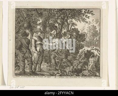 Hans van Overdam imprigionato in una foresta a Gand, 1550; Jean d'Overdam Tuel à Gand, Ao. 1550 / Hans von Overdam zu Gent Tossödtet, AO. 1550. Hans van Overdam in una foresta vicino a Gand da un gruppo di uomini armati catturati, 1550 Foto Stock
