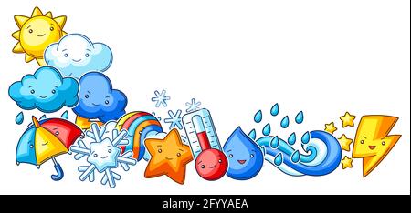 Sfondo con carino elementi meteo kawaii. Divertente illustrazione stagionale per bambini. Illustrazione Vettoriale