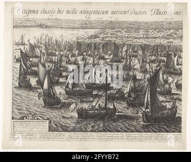 La flotta che atterra a Philippine (Left Sheet), 1600; Ectyoma Classis BIS Mille OctingenTarum Navium Dorpe Illustrissimo principio Mauritio Nassovio in Flandriam Appulsae. XXII. JUNY. M.vi.c .. La flotta che atterra a Filippine. La flotta statale di Maurits per le Filippine dove gli uomini sono presi a bordo, 22 giugno 1600. Tour di Ostenda dell'Esercito di Stato, 19-27 giugno 1600. In basso a sinistra una cartouche con l'assegnazione al principe Maurits. Con didascalia di 6 versi di 3 righe in latino ciascuno. Leer metà di uno spettacolo su 2 fogli. Foto Stock