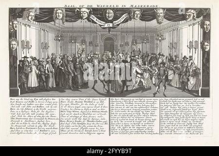 Palla, o il mondo in Masquerade, 1720; Baal. O il cameriere in Masquerade / il mondo in Masquerade; la grande scena della follia. Palla, o il mondo in Masquerade. Teatro con una sala da ballo in cui si celebra una palla mascherata. Ai lati e sopra la scena, undici maschere, comprese quelle del diavolo, sono un gallo ecc. con didascalia in quattro colonne in inglese e olandese. PRENT 66 nella scena della follia con i cartrot al commercio del vento o al commercio di azione del 1720, anche se la stampa probabilmente non ha nulla a che fare con il commercio del vento. Foto Stock