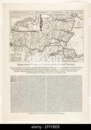 Mappa della foce del Tamigi con il viaggio a Chatham, 1667; Rappresentante dei fiumi di Londra e Rochester; Kaerte van London e Rochester o Chetham fiumi; Waer in Duydelick Wert ha, su ciò che Plautten d'Wars Fleet dal suo Hooghe Magde de Heeren stati Generael der Vereenighe Nederlanden (...). Mappa della foce del Tamigi su cui il viaggio a Chatham è indicato dalle navi della flotta statale sotto Admiraal de Ruyter, 20-23 giugno 1667. In alto a sinistra una scommessa con un biglietto dettagliato dal fiume Medway. Una descrizione è stampata in 2 colonne sotto la piastra. Foto Stock