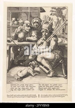 Il cornamusa non dà alcun suono, quindi se è pieno; il bevitore e il giocatore di cornamusa; Proverbi a Karel van Mander. Un giocatore di cornamusa e un ubriaco seduto insieme al tavolo. Una donna con le mani è abolita dietro il tavolo. Il giocatore di cornamusa è seduto su una sedia chiusa, accanto a lui è un cane. Sotto la mostra un latino esplicativo fresco da Franco Estius e un verso olandese. Foto Stock