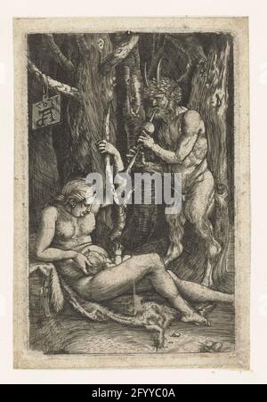 La famiglia Sater. In una foresta un Sater gioca sul suo flauto per una ninfa e il suo bambino. Foto Stock