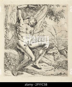 H. Sebastiaan. San Sebastiano con una freccia sul suo lato si appoggia contro un vecchio albero. Foto Stock