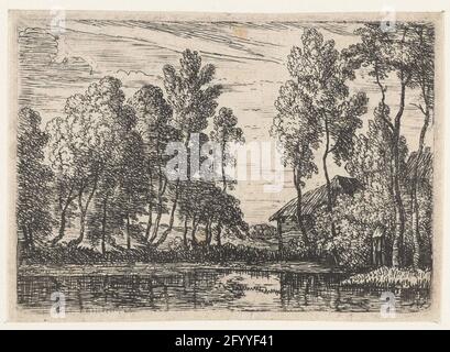 Canale; piccoli paesaggi. Una casa e una fila di alberi lungo un canale. Foto Stock