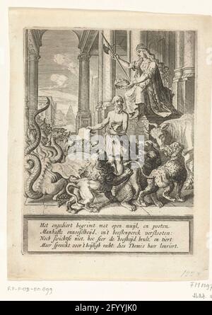 Stampa allegorica del titolo per Vondels Palamedes, 1625. Stampa allegorica del titolo per il torrent game di Vondel Palamedes, 1625. Anziano in piedi simile a Johan van Oldenbarnevelt con privilegio in mano, circondato da tutti i tipi di animali selvatici. Themis di destra (Dea di giustizia) che tiene una corona di alloro sopra la testa dell'uomo. Sotto lo spettacolo una cartouche con versetto di 4 righe in olandese. Foto Stock