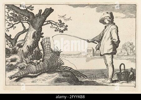 Il giovane pescatore; quattro scene pastorali. Un giovane si trova accanto a un cesto e una caraffa sul bordo di un lago e si piega leggermente in avanti su una lenza da pesca. Sulla destra si trova un albero sotto il quale si trova un trogolo. Il pescatore ha gettato fuori la sua verga, ma non sa che cosa sta facendo. La pesca era un simbolo diffuso dell'attività amorosa, basata sulla nozione di esca inaffidabile. La trappola rappresenta la caduta dell'amore qui. Foto Stock