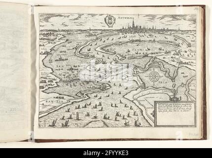 Dykes Lit ad Anversa, 1585; Serie 9: Eventi olandesi e tedeschi, 1583-1587. I dykes trafitto ad Anversa, 26 maggio 1585. Vista dell'area allagata intorno alla città di Anversa e della battaglia per la diga di Kauwenstein tra l'esercito di Parma e l'esercito di Stato durante l'assedio di Anversa. Con didascalia di 4 linee in tedesco in una cartouche. Numerato: 77. Foto Stock