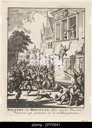 Wolfert van Borselen a Delft dalla finestra gettato e ucciso, 1299; Wolfert van Borselen, gentleman van ter Veer, forgoni dimenticati e portati a pezzi. Wolfert van Borselen, il sig. Van Veere, è gettato fuori dalla finestra a Delft e ucciso dalla folla nell'anno 1299. Foto Stock