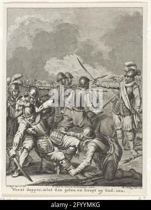 Morte di Charles de Boisot, 1575; indossare coraggiosi, zecca den principe, e speranze a Dio. Ecc; scene della vita del principe Willem i, 1568-1584. Morte di Charles de Boisot sul campo di battaglia durante una lotta con Mondragon, 29 settembre 1575. Diciassettesima voce. Foto Stock