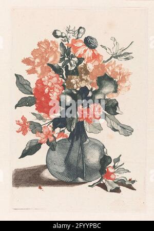 Cinque stampe di fiori in vasi di vetro. Johannes Teyler di Nijmegen fu educato come filosofo e matematico, ma lavorò anche più tardi come ingegnere militare. Ha inventato un metodo per la stampa di impressioni a colori, per il quale ha ricevuto un brevetto nel 1688. I colori dovevano essere applicati manualmente alla piastra di rame per ogni singola impronta. Poiché questo era molto lavoro intenso, il suo processo di stampa a colori trovato poco seguente. Foto Stock